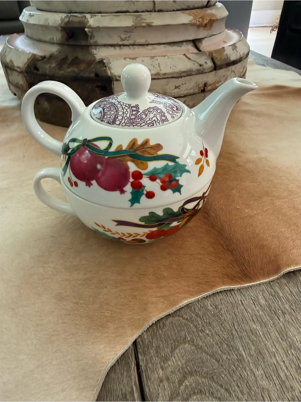Fringe Studio White Porcelain Teapot Cup Saucer with Red Berries and Green Holly